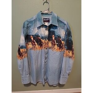 VTG Wrangler Western Shirt Scenic Horse Print Art Pearl Snap Cowboy Size XL READ